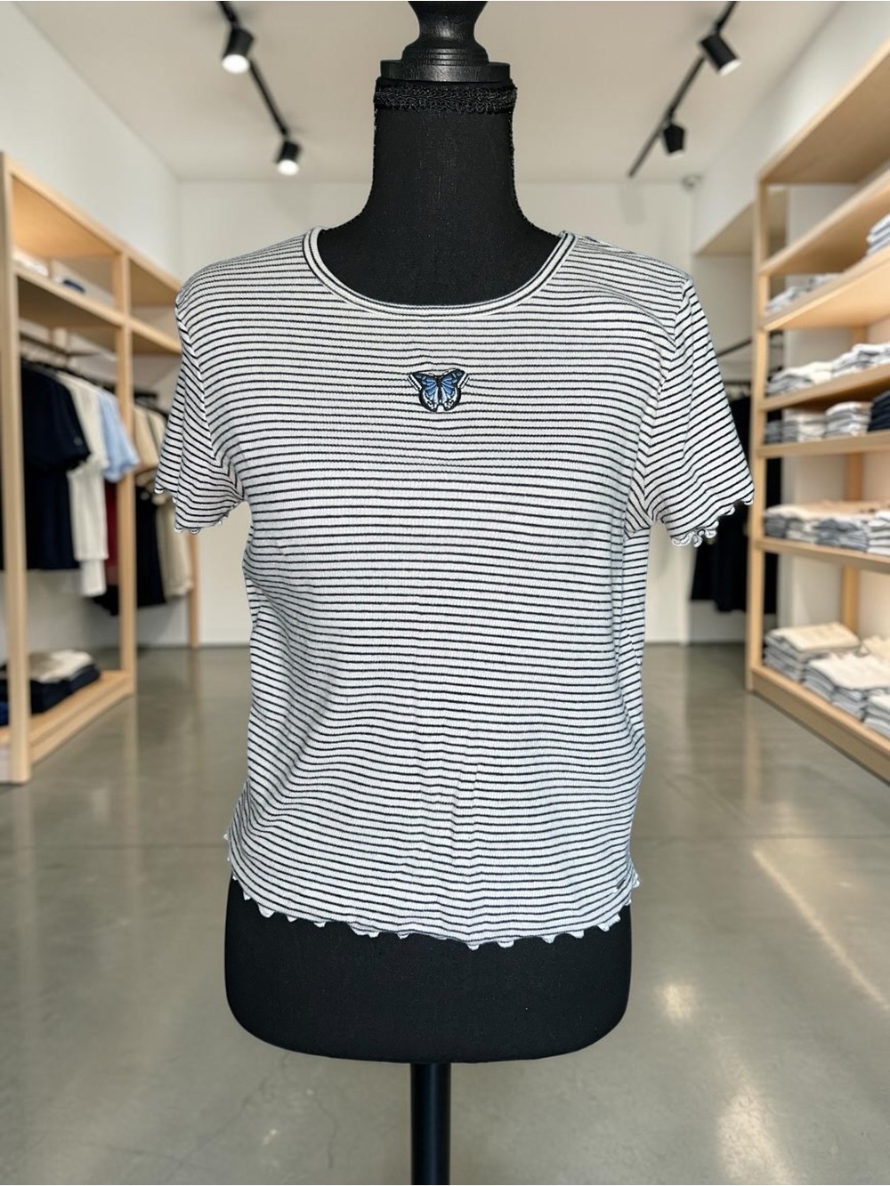 Hollister Black and White Striped Tee with Blue Butterfly Patch